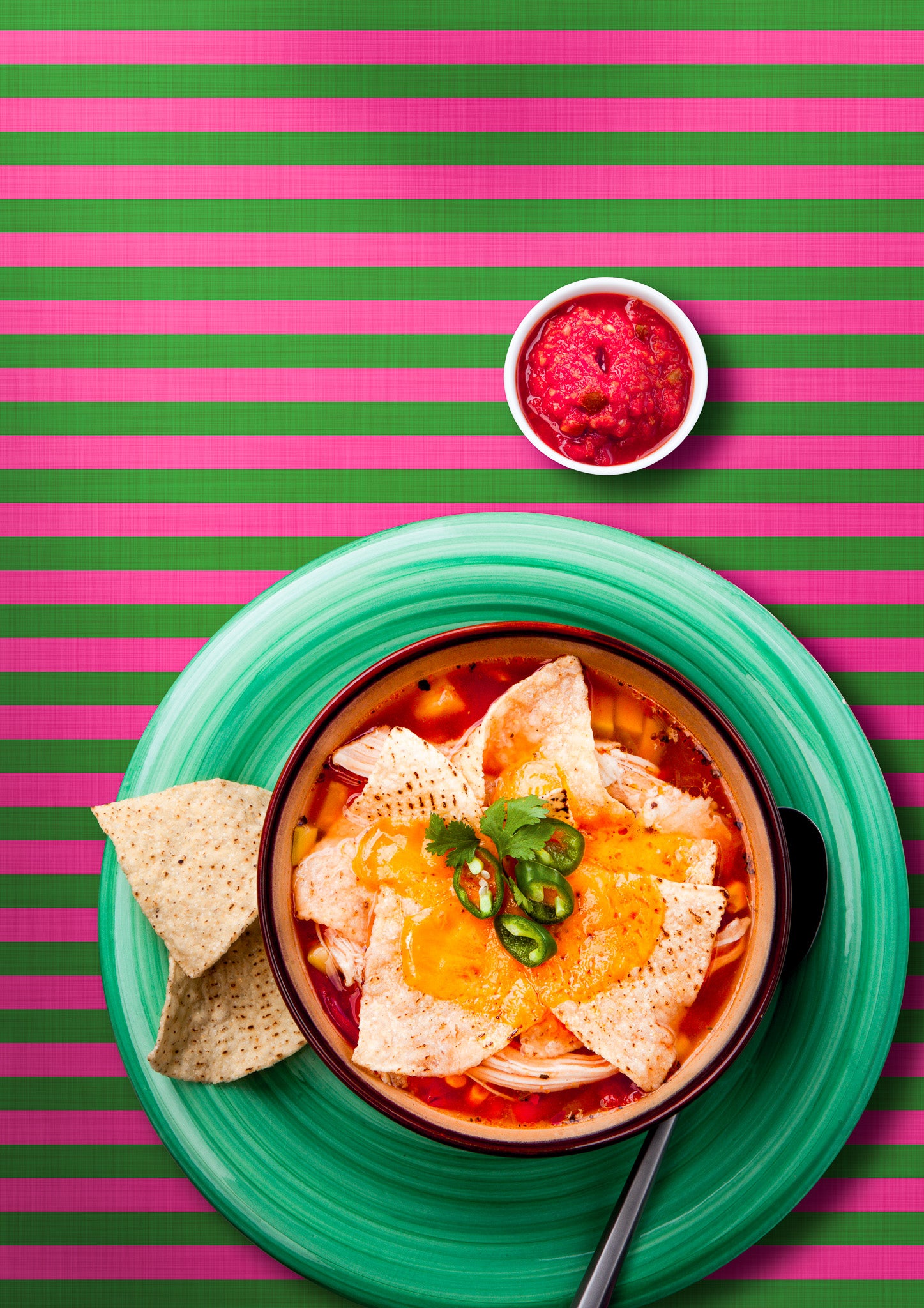 A bowl of Mexican tortilla soup styled on a vinyl photography backdrop with a vertical striped pattern in varying shades of green and pink.