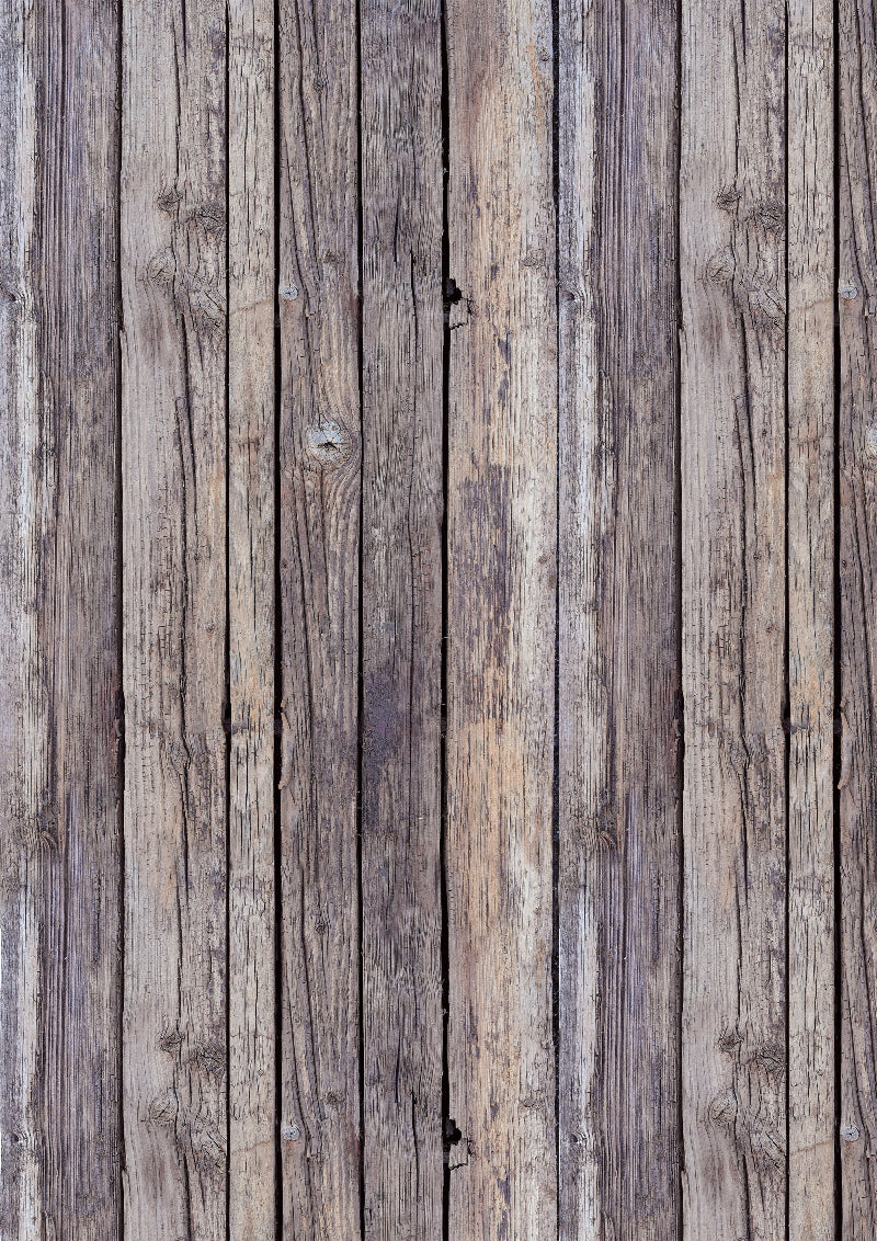 Wooden plank-effect vinyl photography backdrop with varying shades of brown and grey for food and product styling.