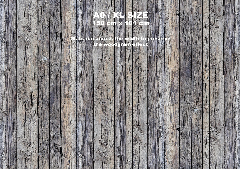 Wooden plank-effect vinyl photography backdrop for food and product styling with text indicating size and woodgrain effect