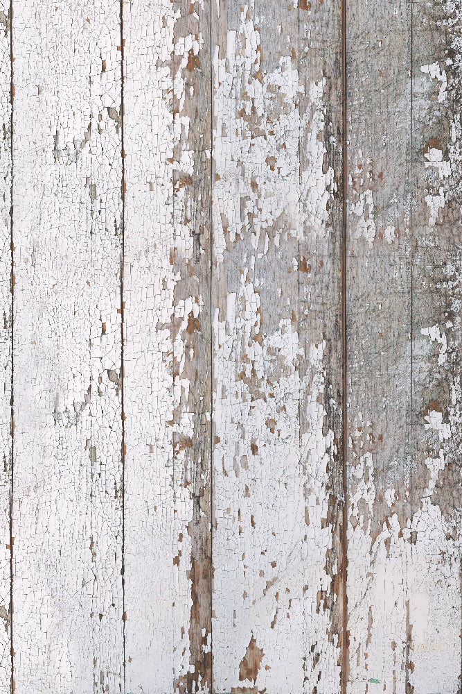 White vinyl photography backdrop for food and product photography with weathered wooden planks and peeling paint