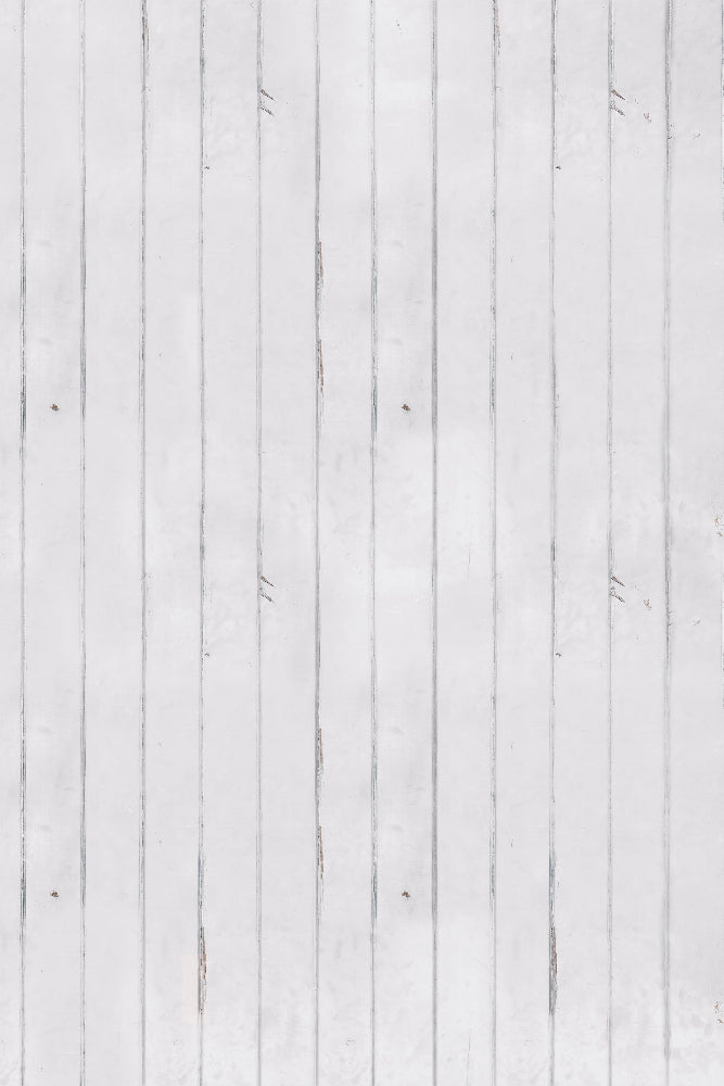 Extra large white painted wood effect photography backdrop with vertical planks and natural wear showing beneath the paint.