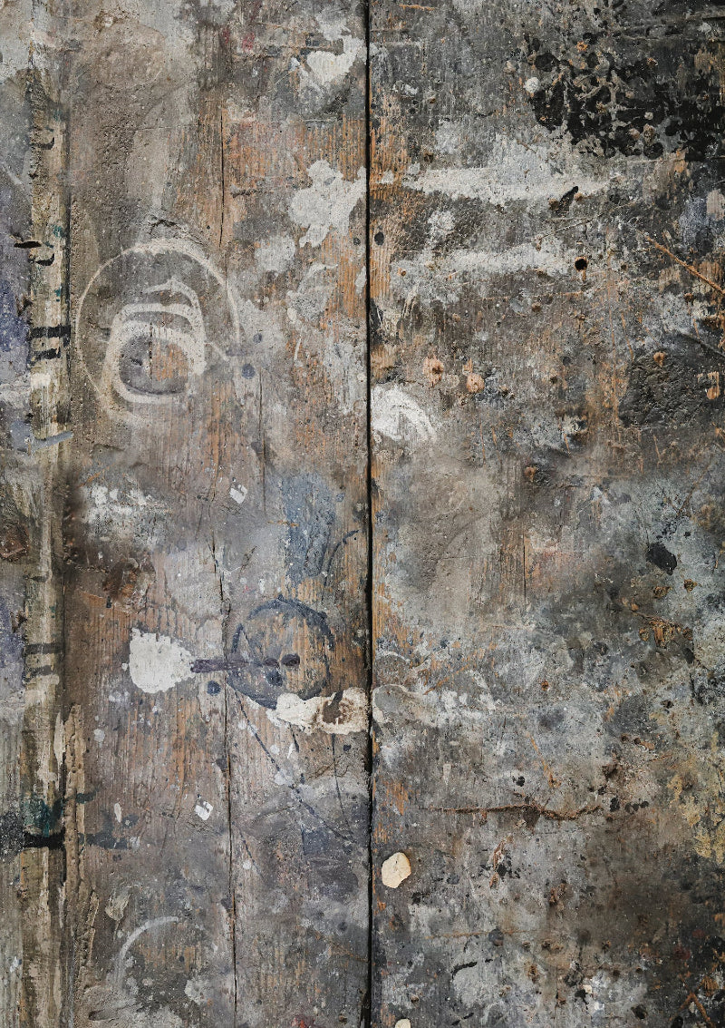 A rustic photography backdrop featuring a distressed wood effect with paint drips and various marks making it look like an old workbench.