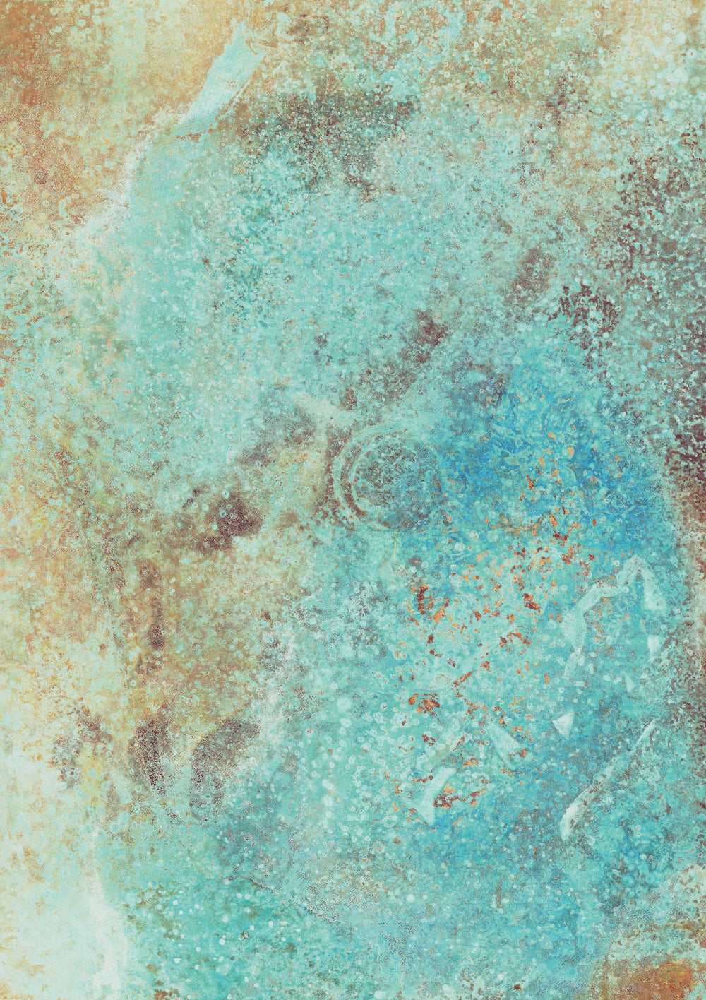 A textured backdrop with a copper patina print, featuring hues of turquoise and rust, providing a visually engaging surface for photography.
