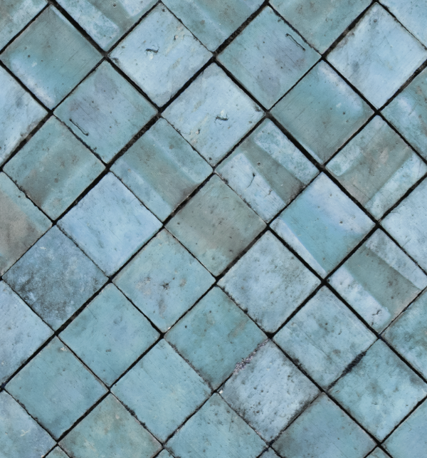 Close up of a blue mosaic tile effect vinyl photography backdrop for food styling and product photography.