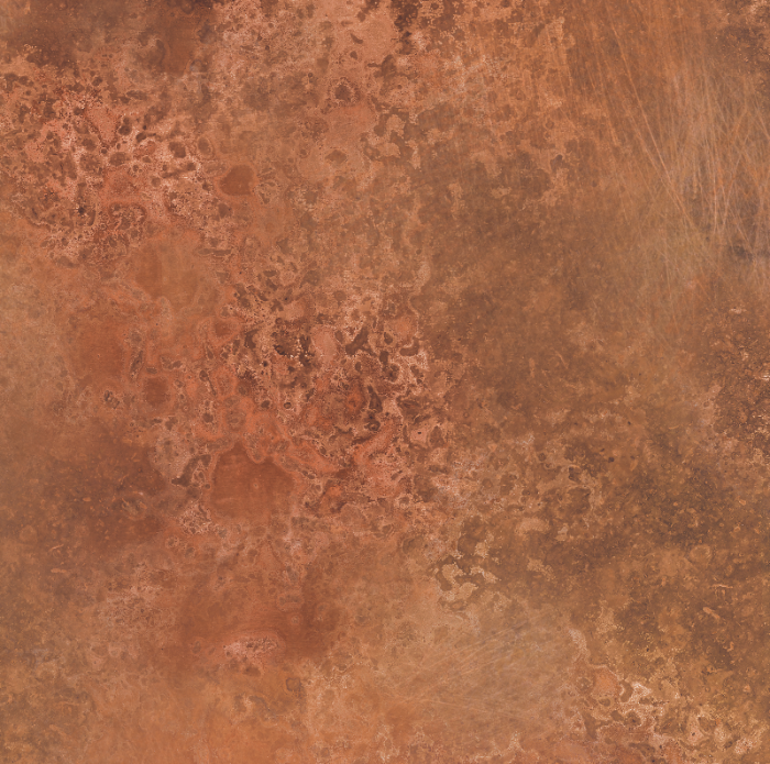 Zoom of a vinyl photography backdrop with a copper patina finish with a mottled mix of brown, orange and red colours across its surface.