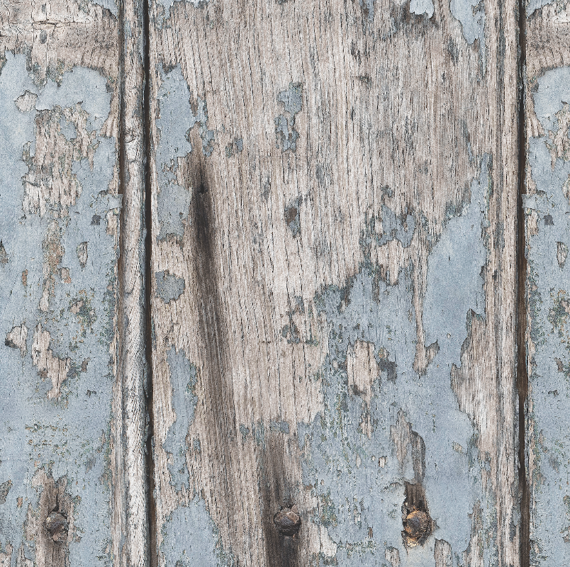 Rustic distressed wood-effect photography backdrop with peeling light blue-gray paint, showing weathered beige wood grain and knots.