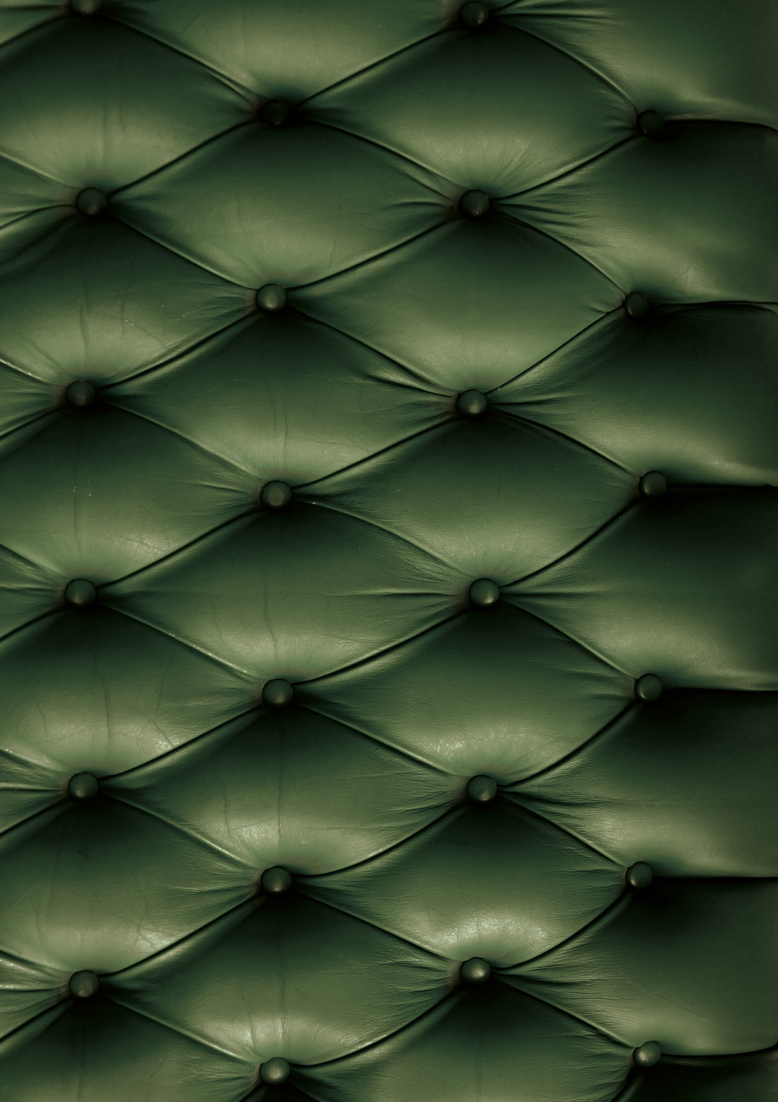 A dark green leather effect photography backdrop with button details, resembling a Chesterfield sofa.