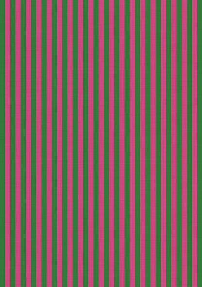 A vinyl photography backdrop with a vertical striped pattern in varying shades of green and pink.