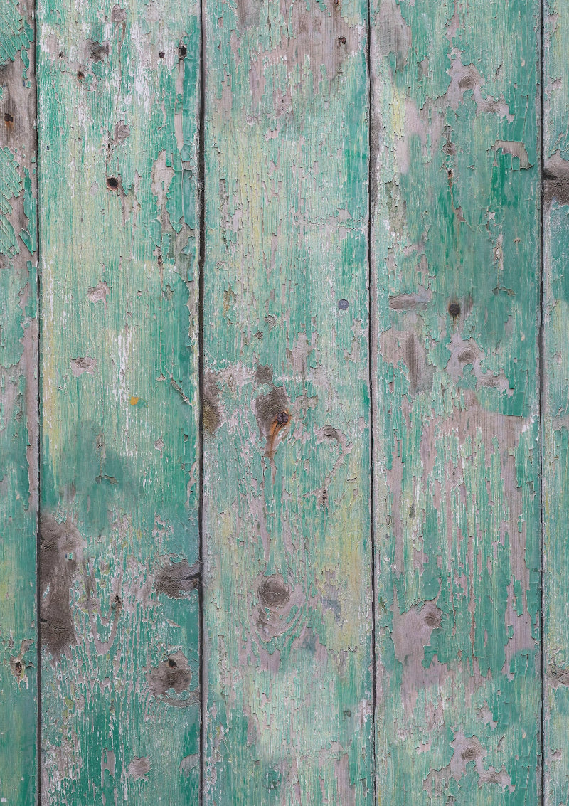 A green flaky wood plank effect vinyl photography backdrop with a textured surface.