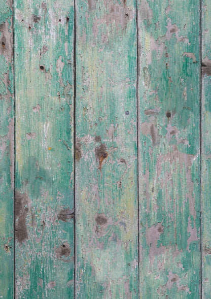 A green flaky wood plank effect vinyl photography backdrop with a textured surface.