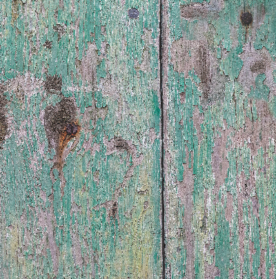 Close-up view of a green flaky wood plank effect vinyl photography backdrop with a textured surface.