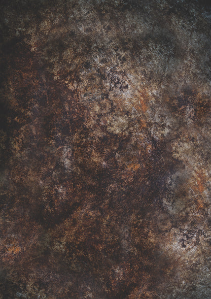 A mottled brown vinyl photography backdrop with dark, umber tones and delicate rusted patches.