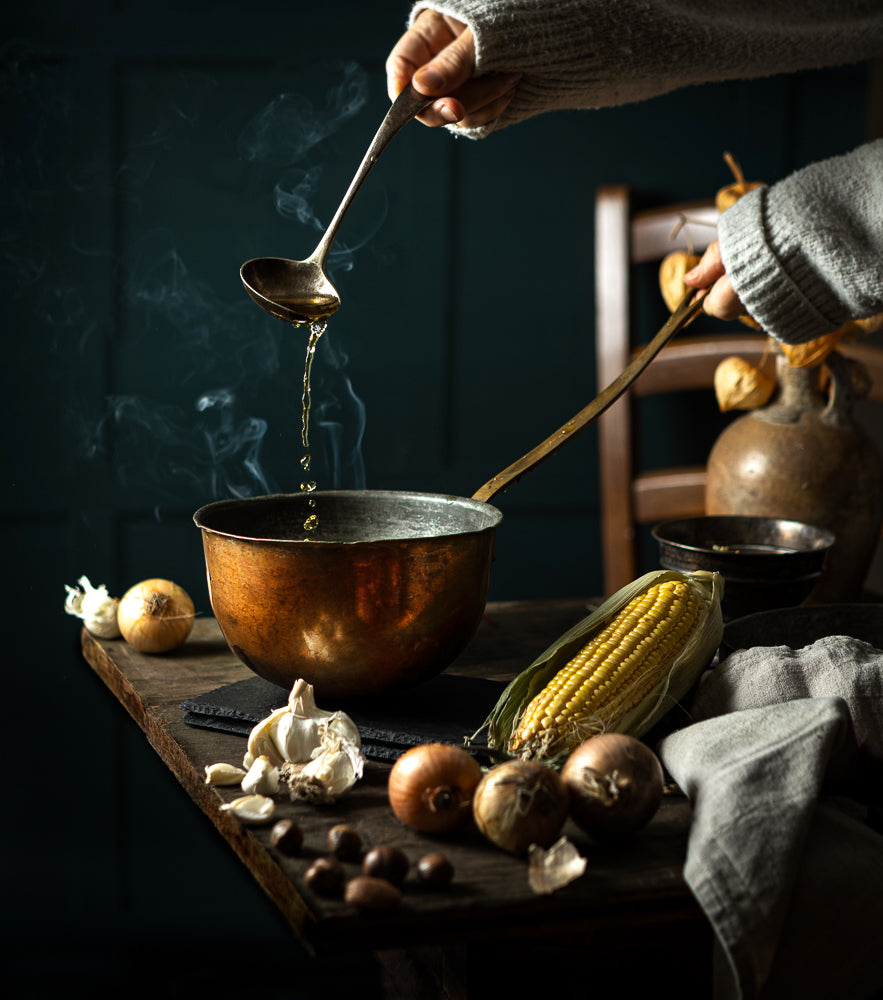 Autumn rustic kitchen scene against a green wood panelled photography background