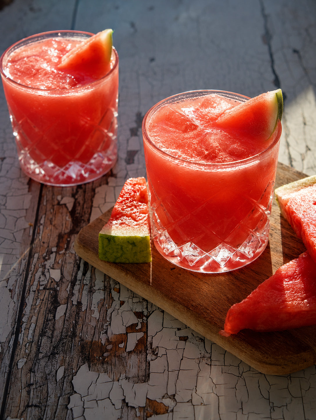 Two glasses of watermelon juice with slices on a white wood rustic photography backdrop.