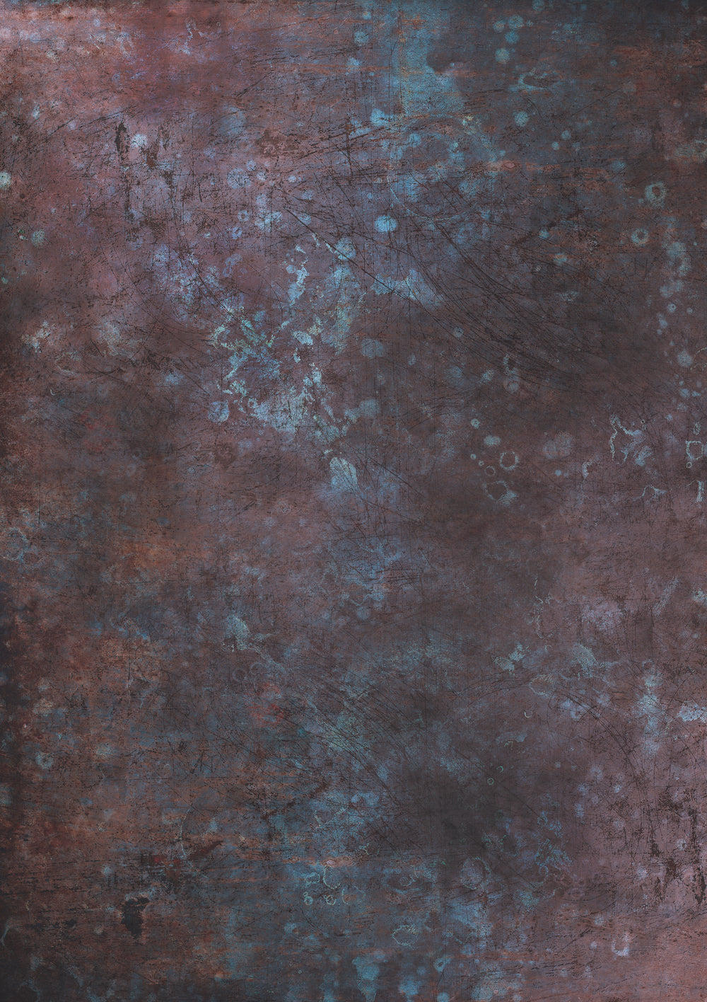 A vinyl photography backdrop with a mottled mix of warm browns, deep plum tones and oxidised blue highlights for food flat lays and drinks photography.