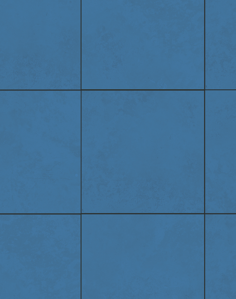 Close up of a blue vinyl photography backdrop with a graphic tile effect pattern and dark grey grout lines.
