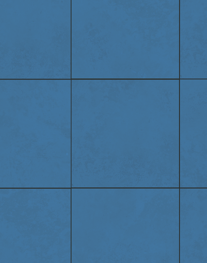 Close up of a blue vinyl photography backdrop with a graphic tile effect pattern and dark grey grout lines.