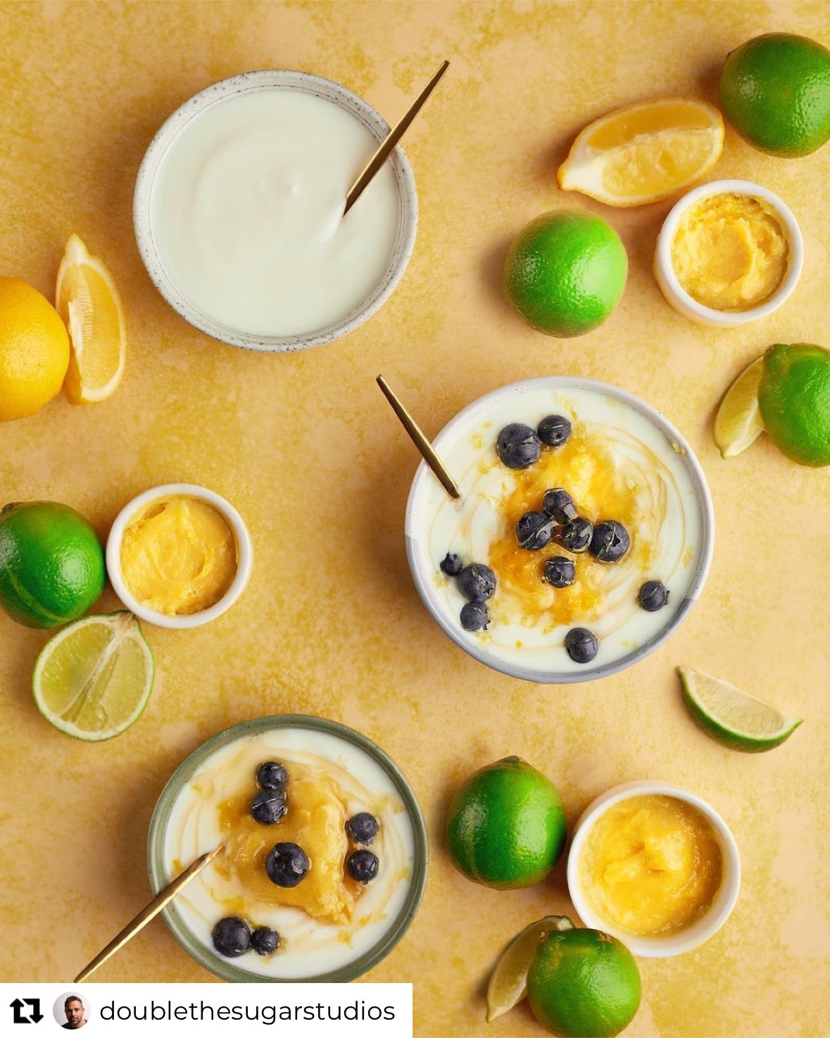 flat of fruit on a yellow photography background

