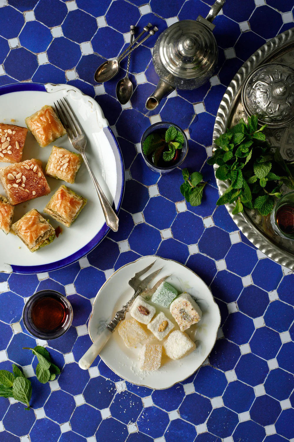 Riad blue and white tiled tabletop-effect photography backdrop