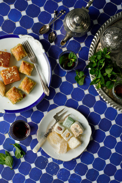 Riad blue and white tiled tabletop-effect photography backdrop