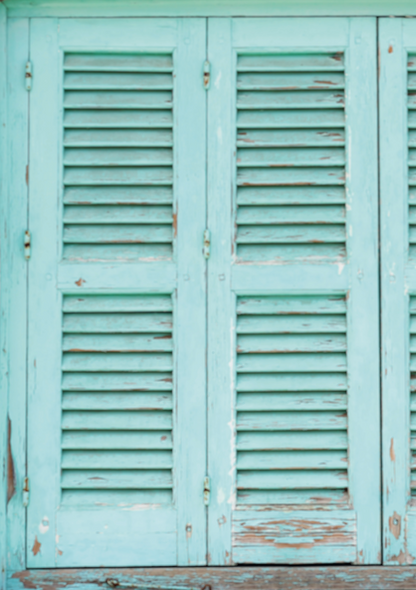 Vinyl photography backdrop featuring a pair of blue wooden shutters with a blurred effect.