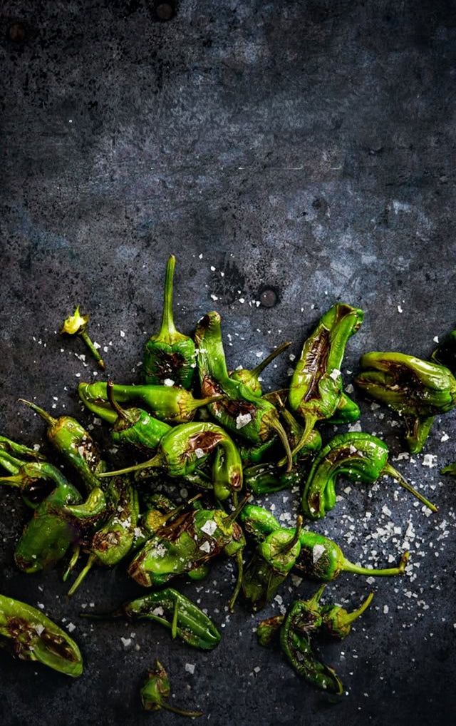 Grilled green Padron peppers and sea salt styled on a dark grey metal patina effect vinyl photography backdrop featuring original circular rivets.