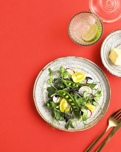 Plated salad with a glass of water and a bowl of butter on a coral background