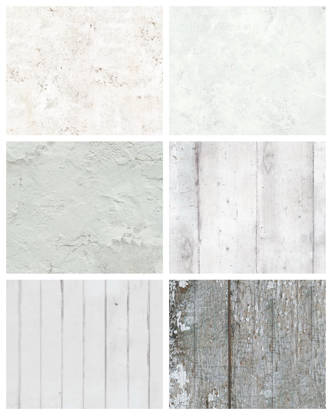 Set of six white and neutral vinyl photography backdrops for food and product styling.