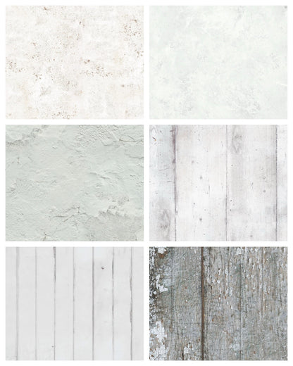Set of six white and neutral vinyl photography backdrops for food and product styling.