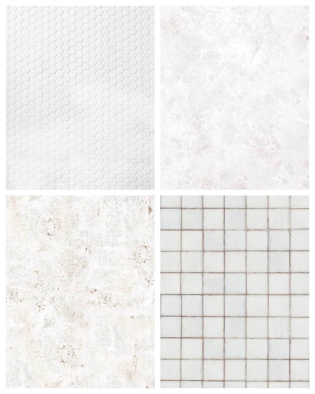 A set of white vinyl photography backdrops in different designs and textures for food and product photography.