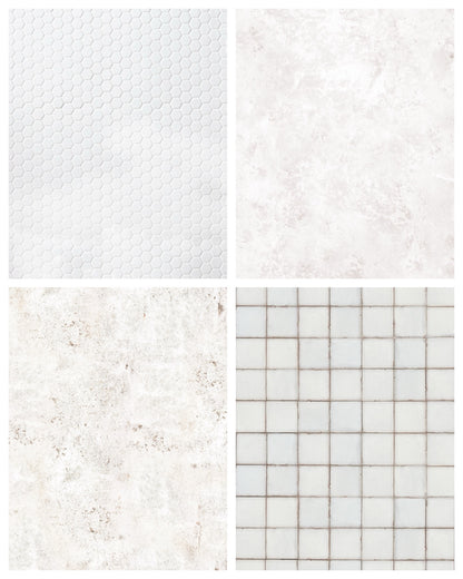 A set of white vinyl photography backdrops in different designs and textures for food and product photography.