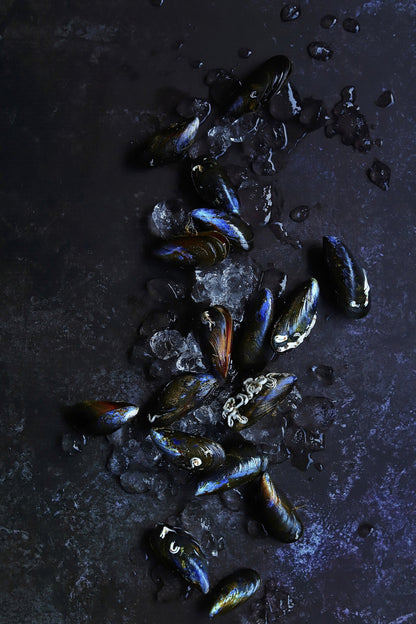 Mussels shot against a hand-painted mottled effect vinyl photography backdrop in mixed dark greys with highlights of blue.