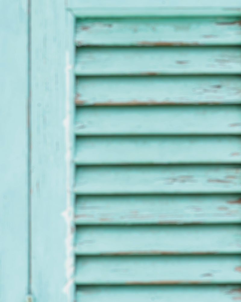 Close-up of a vinyl photography backdrop featuring a pair of blue wooden shutters with a blurred effect.