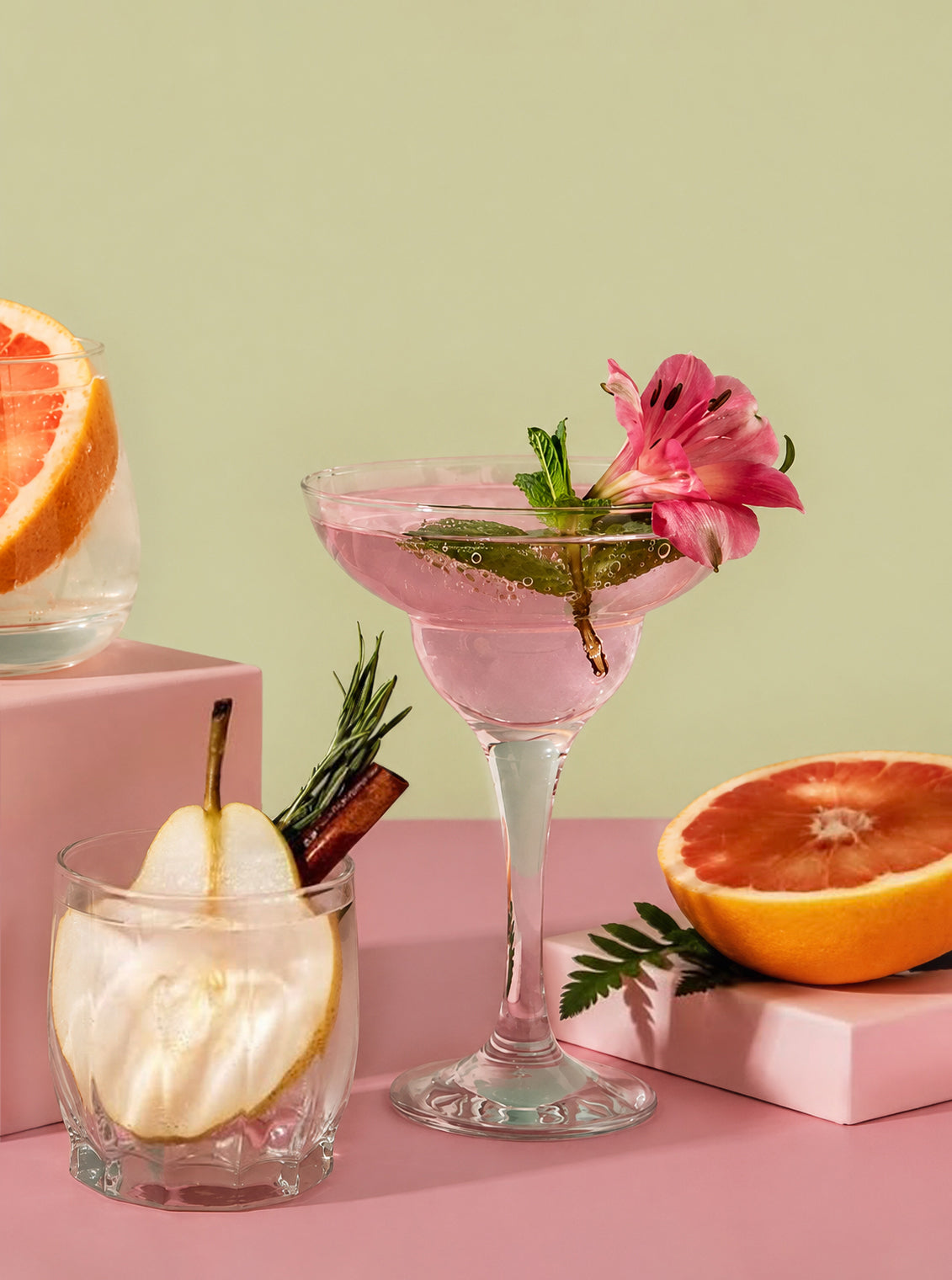 A styled cocktail scene with a pink margarita in a coupe glass and apple cocktail, surrounded by fruit slices, rosemary, a cinnamon stick and a pink Alstroemeria flower garnish against a pale green and pink vinyl photography backdrop for food and product styling.