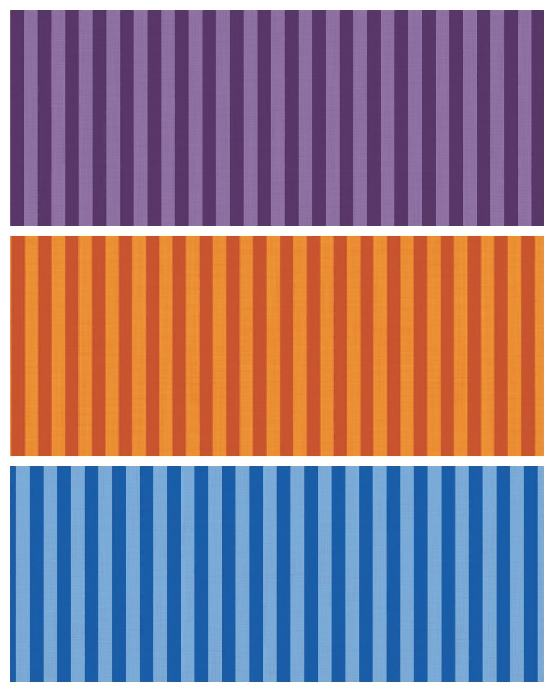 Swatches of retro striped vinyl photography backdrops for food styling and product photography in purple, orange and blue colourways