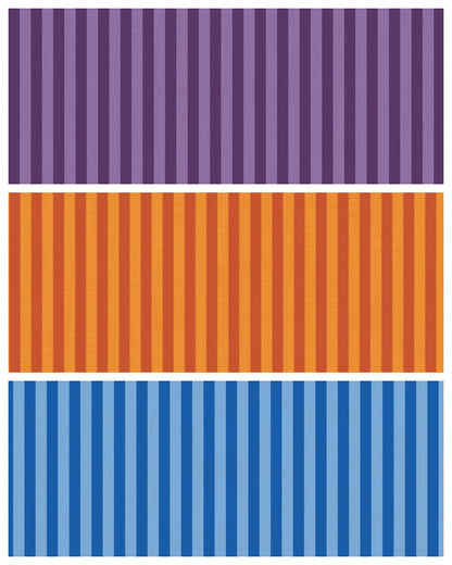 Swatches of retro striped vinyl photography backdrops for food styling and product photography in purple, orange and blue colourways