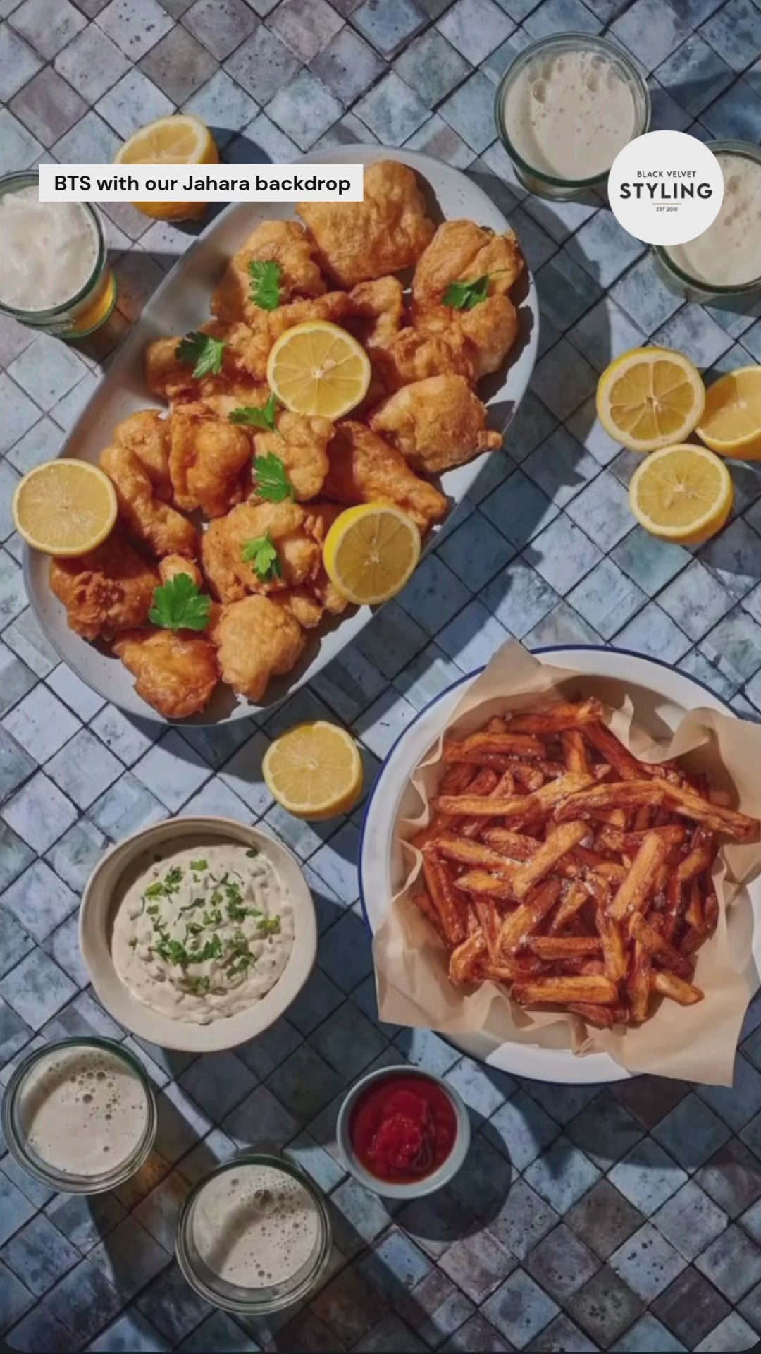 Jahara blue mosaic tile-effect photography backdrop