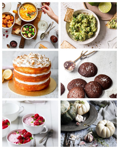 Flat lay food photography shot on a set of six white and neutral vinyl photography backdrops ideal for food and product styling.