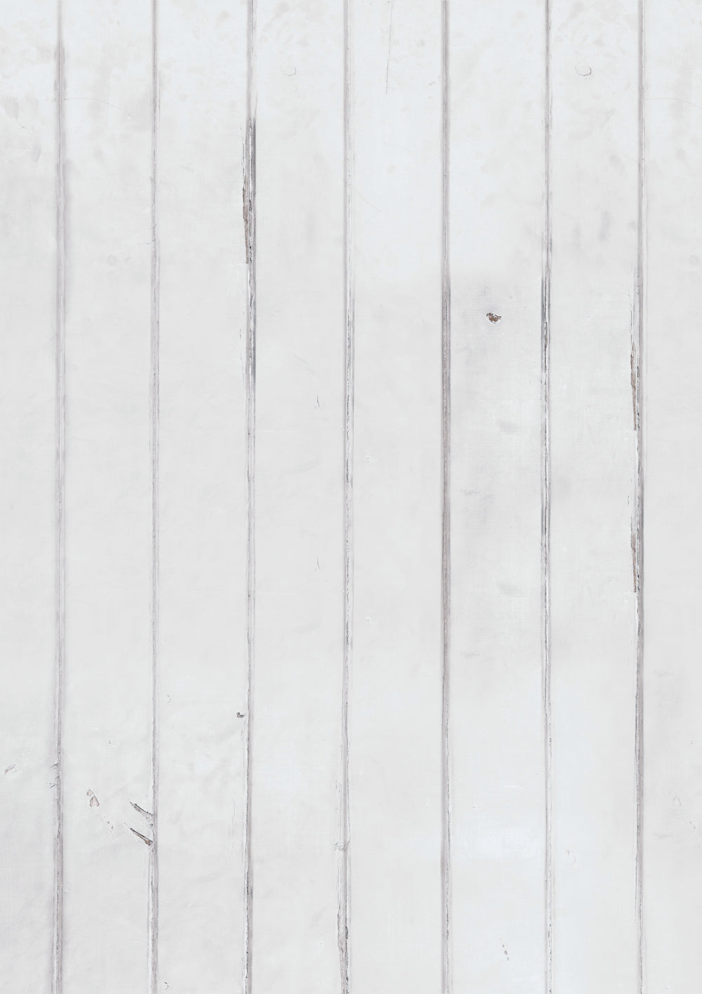 A white painted wood photography backdrop with vertical planks displaying natural wear and tear beneath the paint.