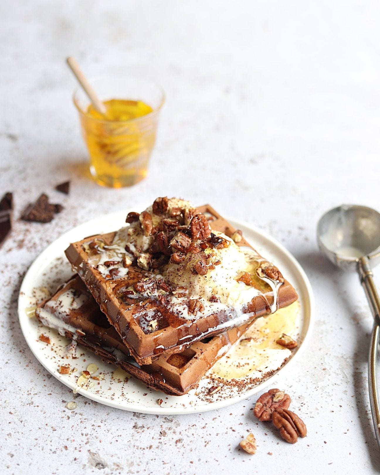 Plated waffles on white vinyl food and product photography backdrop