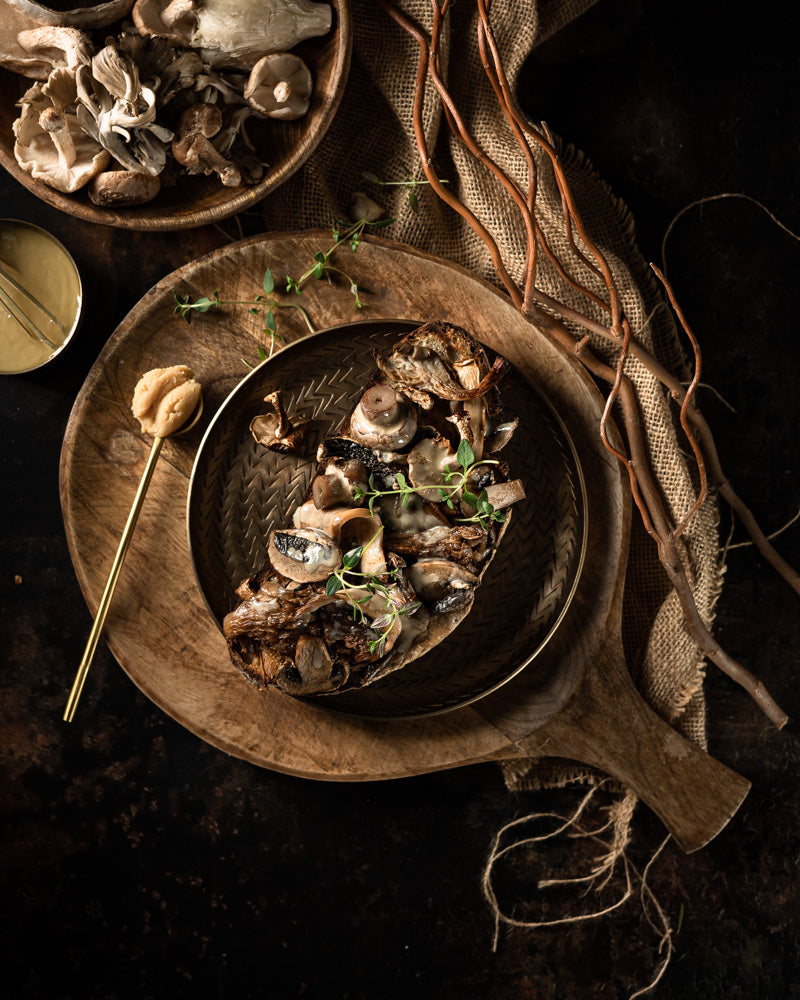 Brown metal effect food and product photography backdrop with a flat lay of mushroom toast