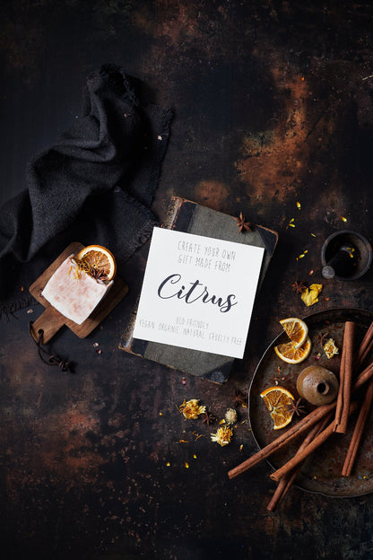 Brown metal effect food and product photography backdrop with still life styled flat lay of stationery and spices