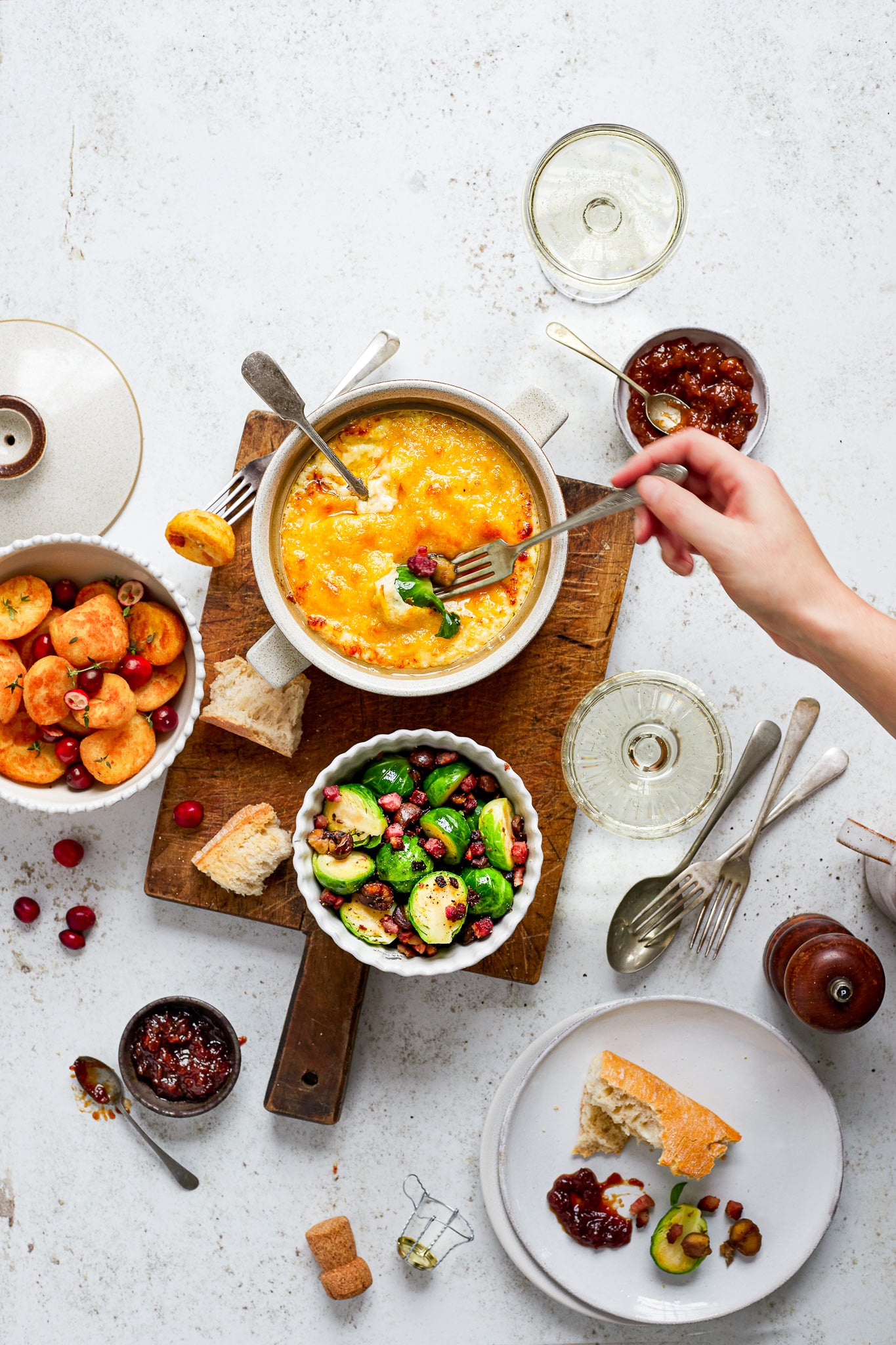 White food and product vinyl photography backdrop with fondue flat lay