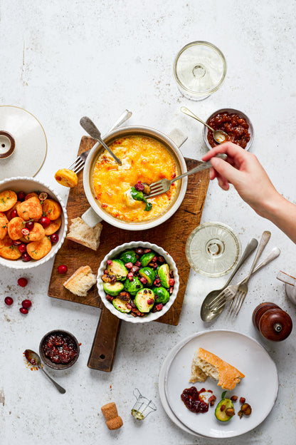 White food and product vinyl photography backdrop with fondue flat lay