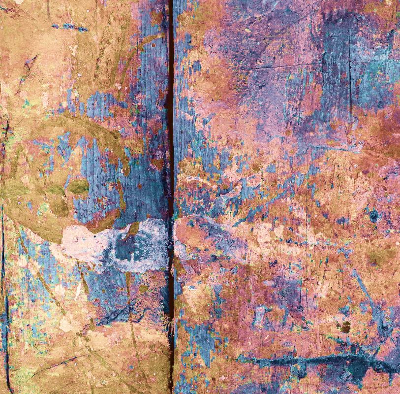 Abstract textured photography backdrop taken from a real artwork with a distressed painted surface in gold, blue, pink, purple, and brown tones, for food styling and product photography.