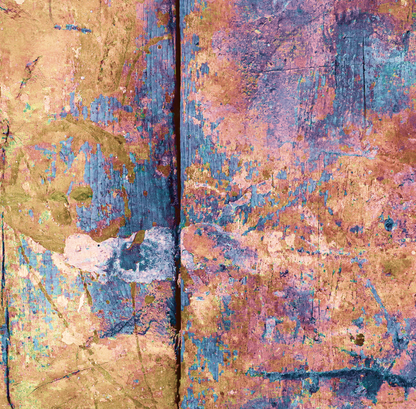 Abstract textured photography backdrop taken from a real artwork with a distressed painted surface in gold, blue, pink, purple, and brown tones, for food styling and product photography.